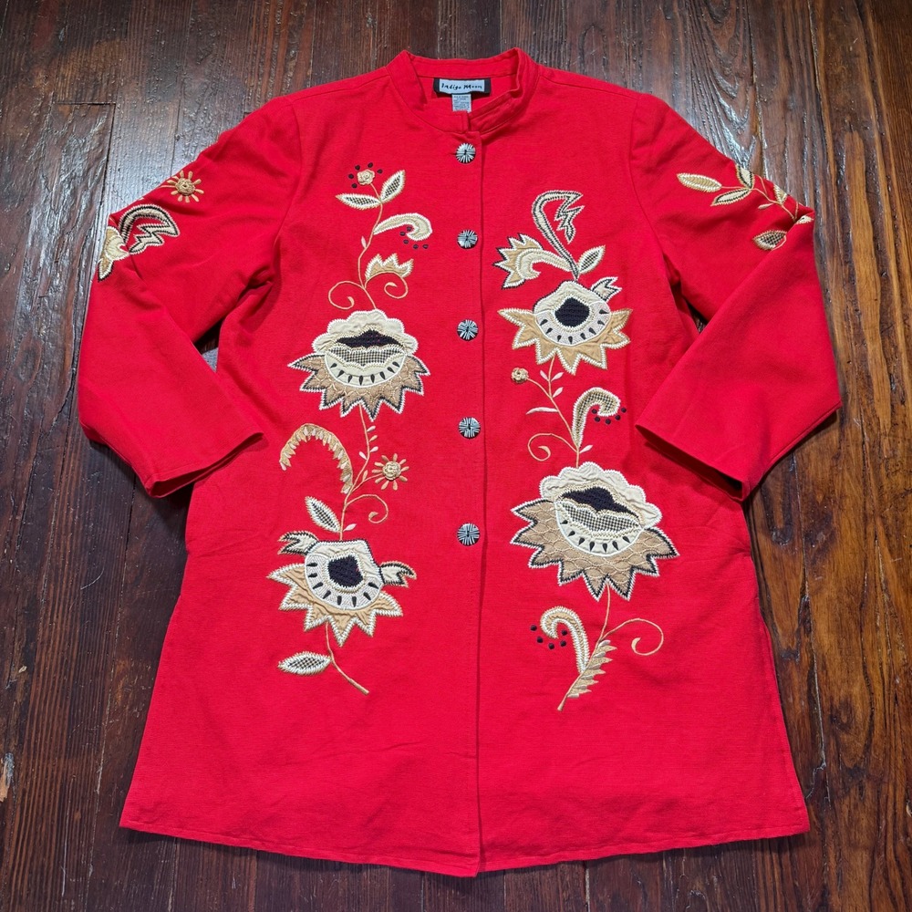 Indigo Moon Jacket Womens L Red Floral Embroidered Button Front Longline